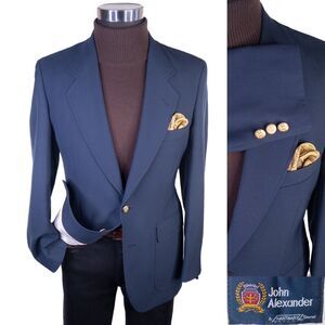John Alexander Mens Classic Blazer Sport Coat Jacket 38R Navy Wool Gold Buttons